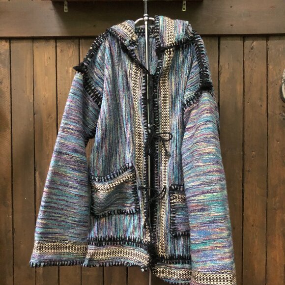 90s Hippie Baja Woven Hoodie , Open Front Sweater , Pointed Hood - Picture 2 of 9